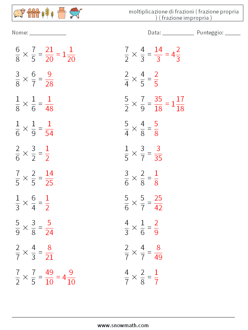 (20) moltiplicazione di frazioni ( frazione propria ) ( frazione impropria ) Fogli di lavoro di matematica 1 Domanda, Risposta