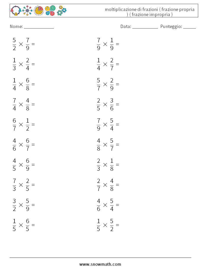 (20) moltiplicazione di frazioni ( frazione propria ) ( frazione impropria ) Fogli di lavoro di matematica 2