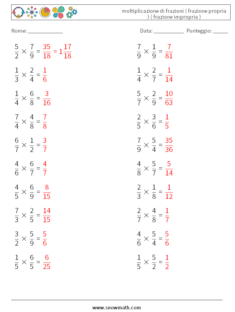 (20) moltiplicazione di frazioni ( frazione propria ) ( frazione impropria ) Fogli di lavoro di matematica 2 Domanda, Risposta