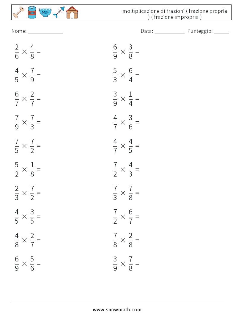 (20) moltiplicazione di frazioni ( frazione propria ) ( frazione impropria ) Fogli di lavoro di matematica 3