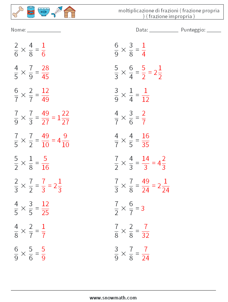 (20) moltiplicazione di frazioni ( frazione propria ) ( frazione impropria ) Fogli di lavoro di matematica 3 Domanda, Risposta