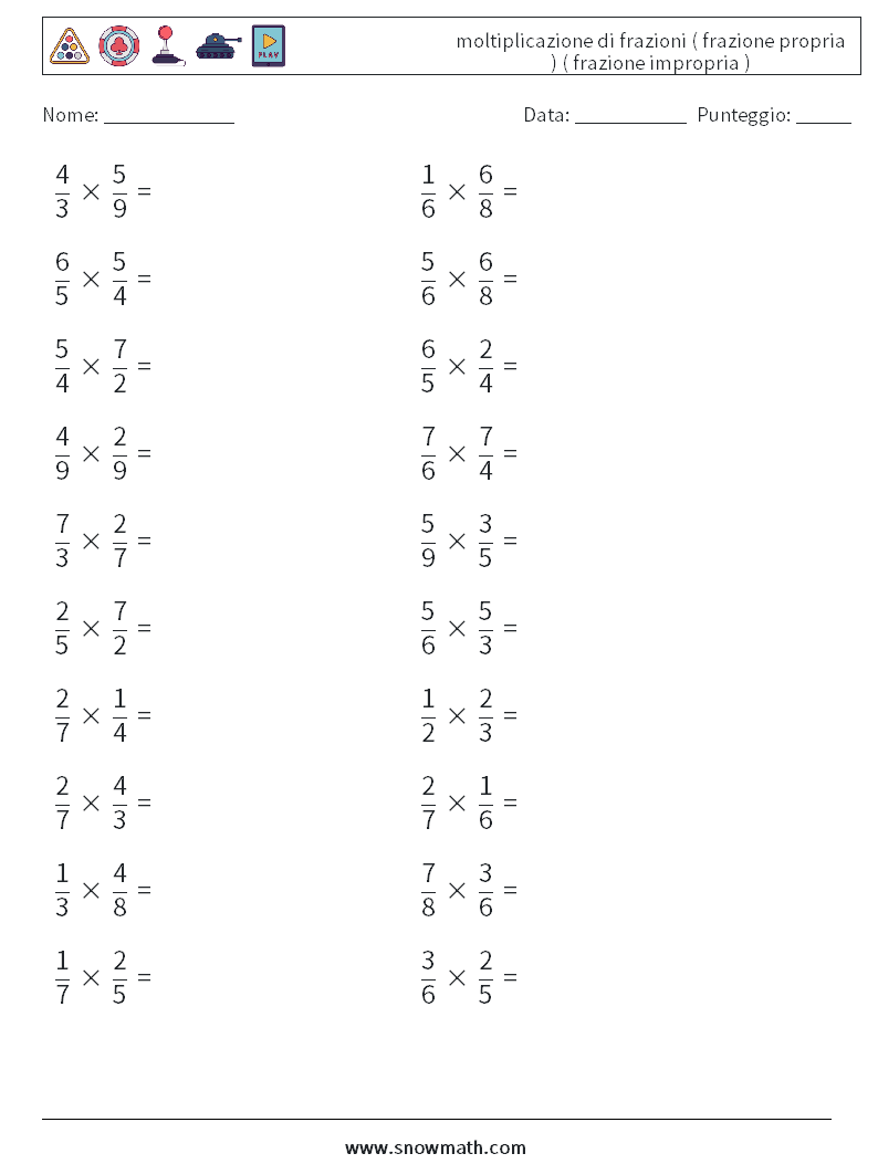 (20) moltiplicazione di frazioni ( frazione propria ) ( frazione impropria ) Fogli di lavoro di matematica 4