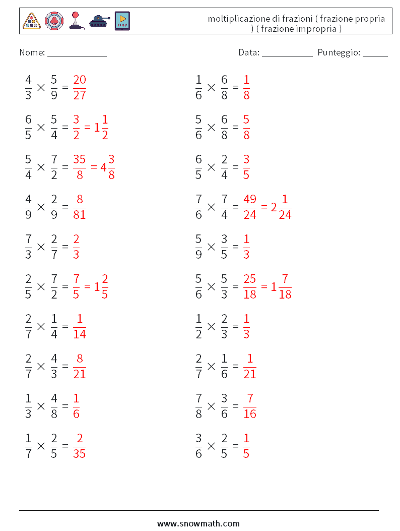 (20) moltiplicazione di frazioni ( frazione propria ) ( frazione impropria ) Fogli di lavoro di matematica 4 Domanda, Risposta