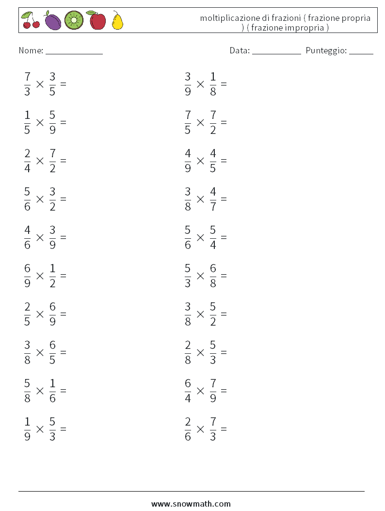 (20) moltiplicazione di frazioni ( frazione propria ) ( frazione impropria ) Fogli di lavoro di matematica 5