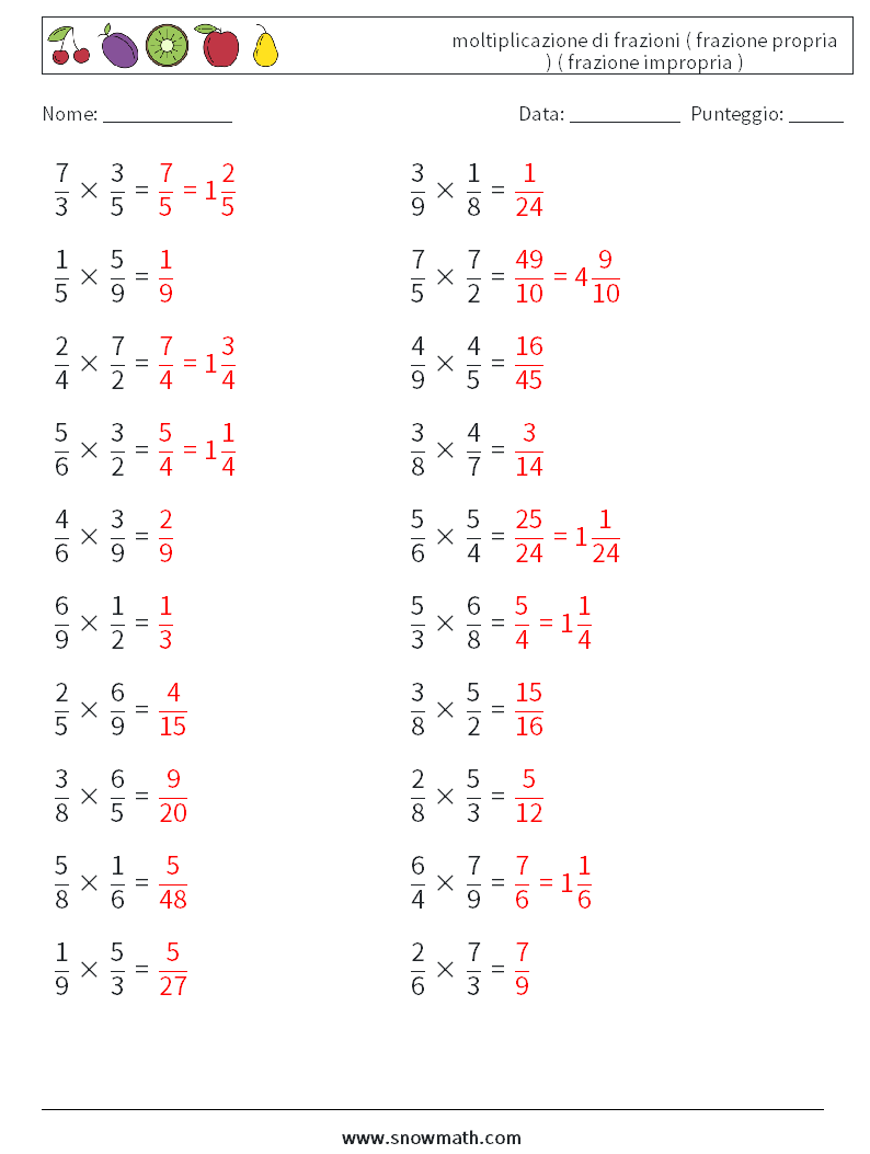 (20) moltiplicazione di frazioni ( frazione propria ) ( frazione impropria ) Fogli di lavoro di matematica 5 Domanda, Risposta