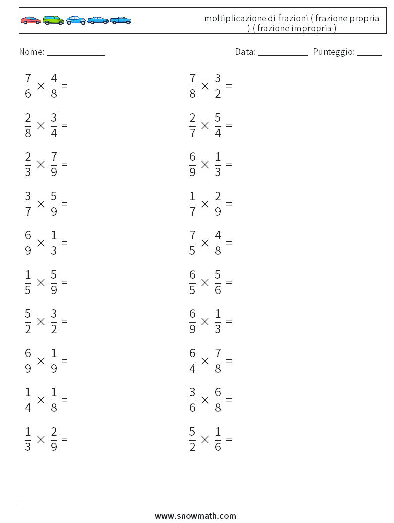 (20) moltiplicazione di frazioni ( frazione propria ) ( frazione impropria ) Fogli di lavoro di matematica 6