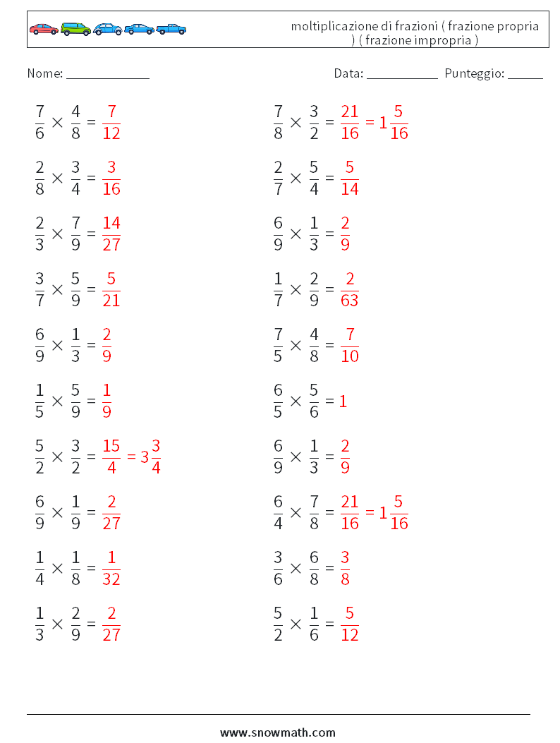 (20) moltiplicazione di frazioni ( frazione propria ) ( frazione impropria ) Fogli di lavoro di matematica 6 Domanda, Risposta