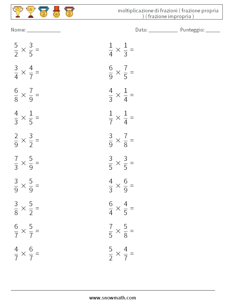 (20) moltiplicazione di frazioni ( frazione propria ) ( frazione impropria ) Fogli di lavoro di matematica 7