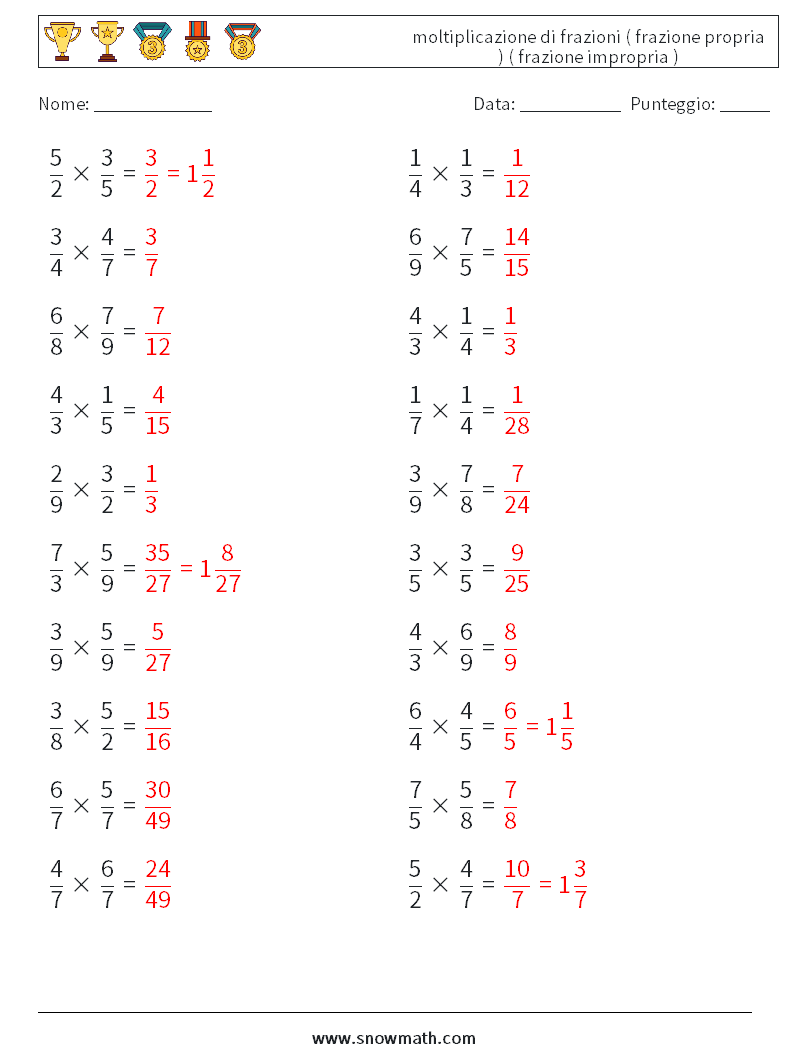 (20) moltiplicazione di frazioni ( frazione propria ) ( frazione impropria ) Fogli di lavoro di matematica 7 Domanda, Risposta