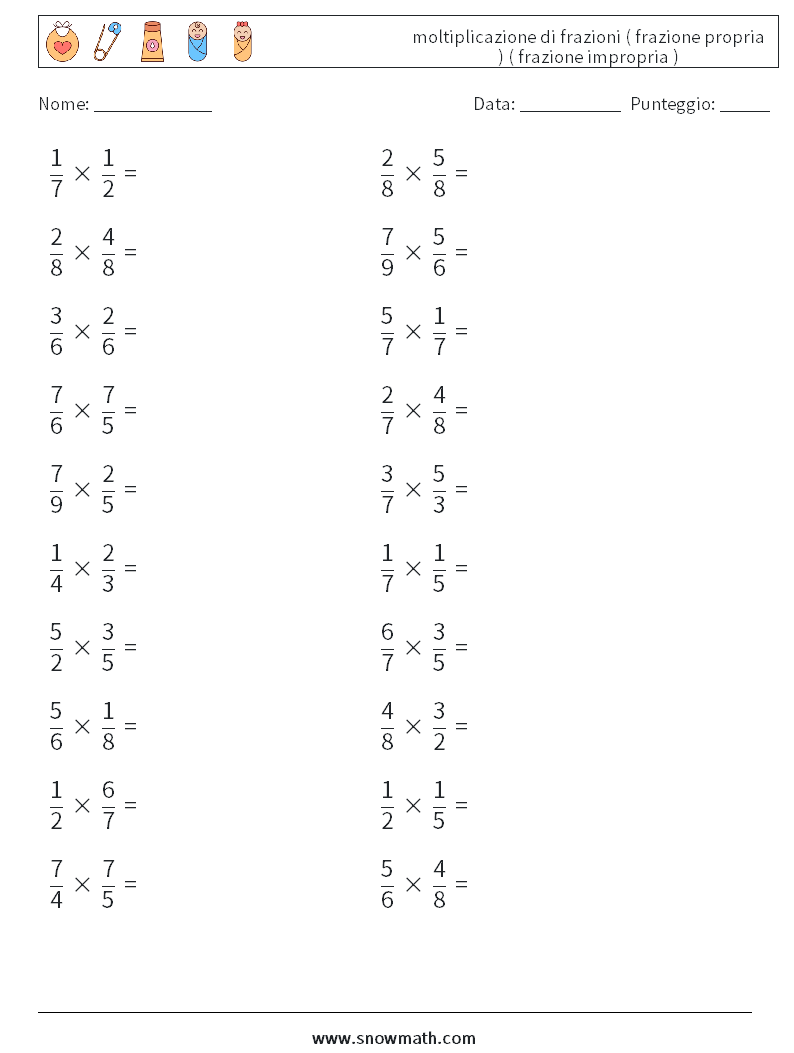(20) moltiplicazione di frazioni ( frazione propria ) ( frazione impropria ) Fogli di lavoro di matematica 8