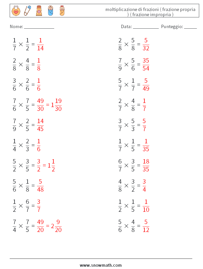 (20) moltiplicazione di frazioni ( frazione propria ) ( frazione impropria ) Fogli di lavoro di matematica 8 Domanda, Risposta