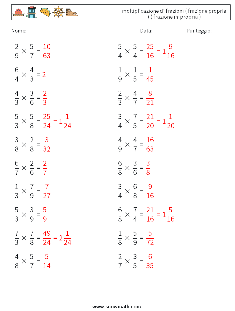 (20) moltiplicazione di frazioni ( frazione propria ) ( frazione impropria ) Fogli di lavoro di matematica 9 Domanda, Risposta