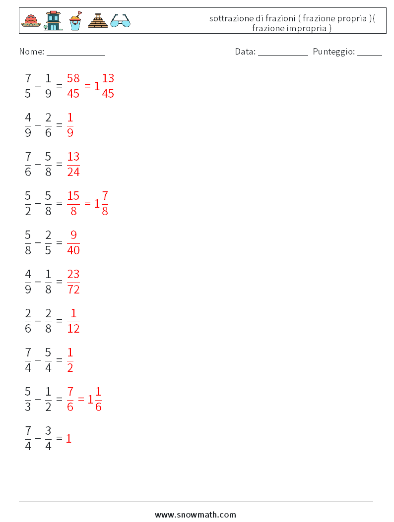 (10) sottrazione di frazioni ( frazione propria )( frazione impropria ) Fogli di lavoro di matematica 12 Domanda, Risposta