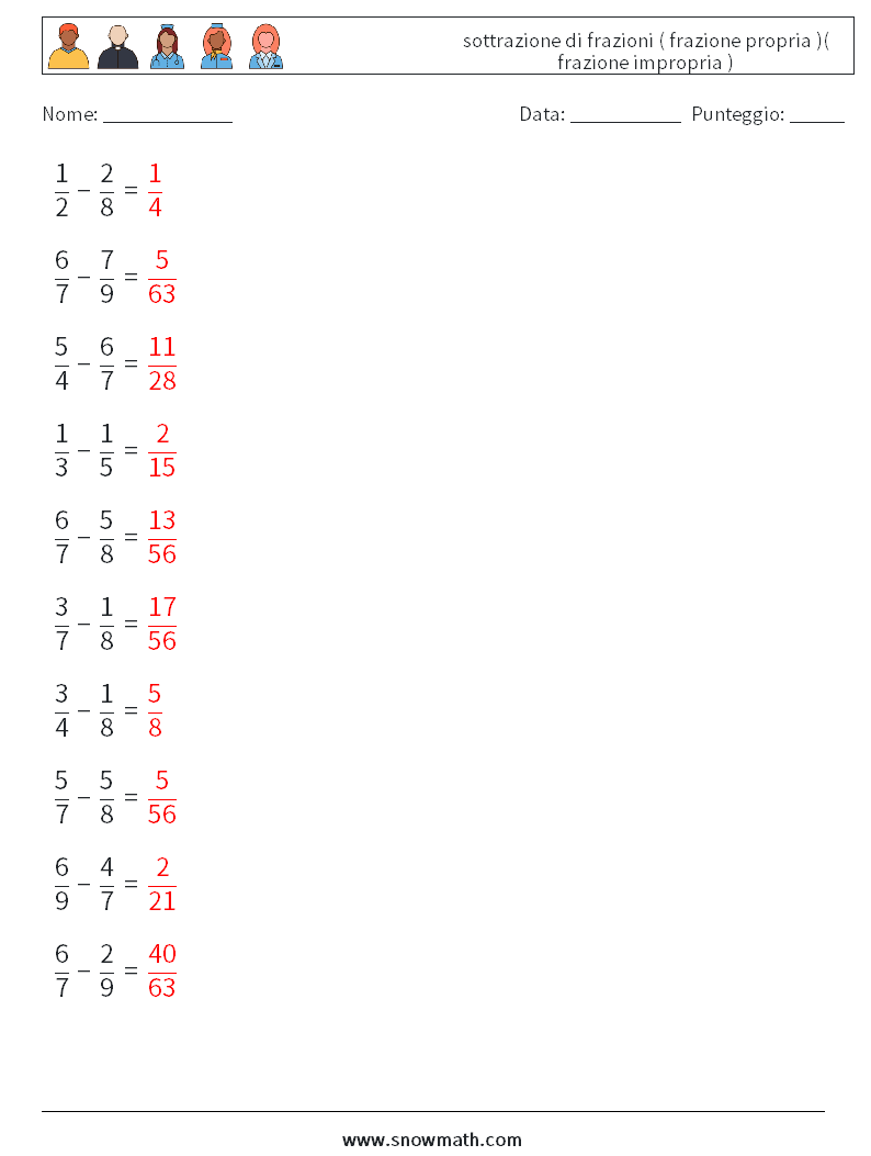 (10) sottrazione di frazioni ( frazione propria )( frazione impropria ) Fogli di lavoro di matematica 18 Domanda, Risposta
