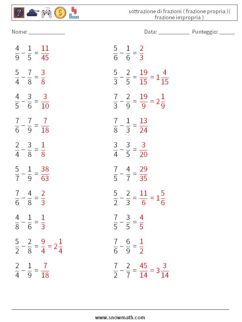 (20) sottrazione di frazioni ( frazione propria )( frazione impropria ) Fogli di lavoro di matematica 11 Domanda, Risposta