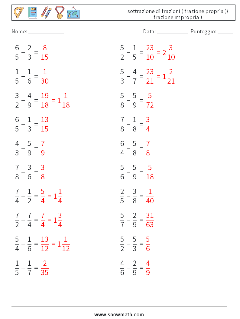 (20) sottrazione di frazioni ( frazione propria )( frazione impropria ) Fogli di lavoro di matematica 18 Domanda, Risposta