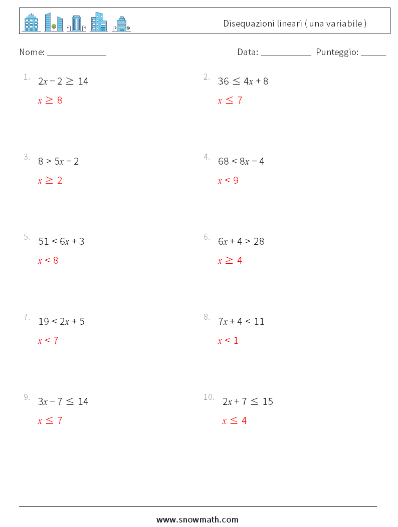 Disequazioni lineari ( una variabile ) Fogli di lavoro di matematica 1 Domanda, Risposta
