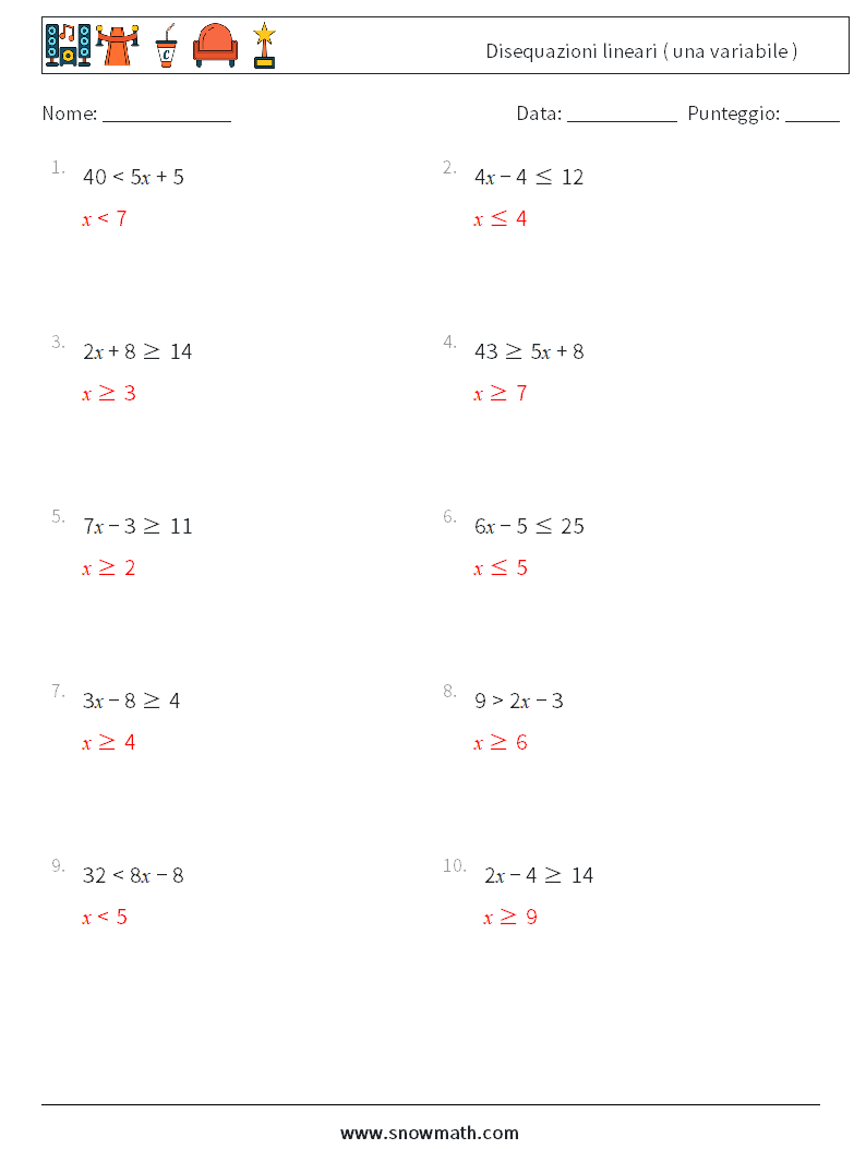 Disequazioni lineari ( una variabile ) Fogli di lavoro di matematica 3 Domanda, Risposta