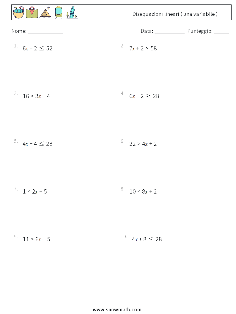 Disequazioni lineari ( una variabile ) Fogli di lavoro di matematica 4