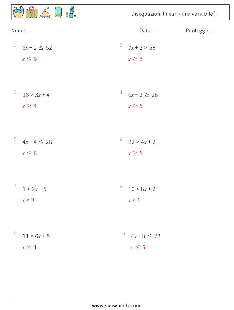 Disequazioni lineari ( una variabile ) Fogli di lavoro di matematica 4 Domanda, Risposta