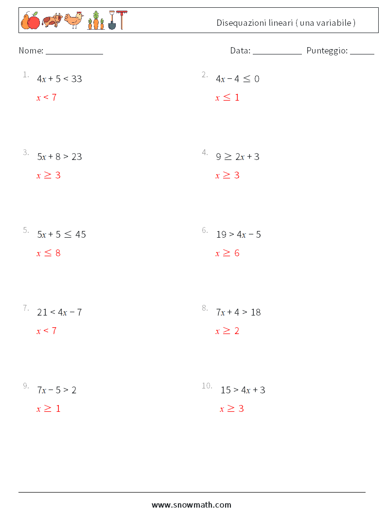 Disequazioni lineari ( una variabile ) Fogli di lavoro di matematica 5 Domanda, Risposta