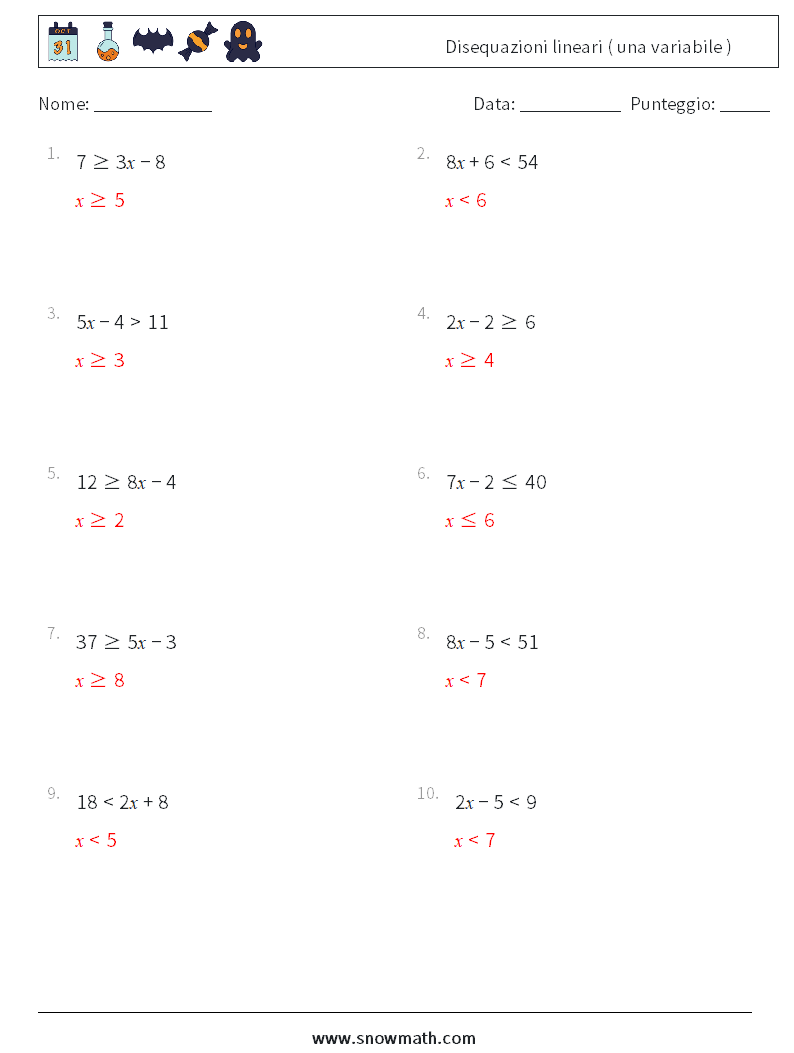 Disequazioni lineari ( una variabile ) Fogli di lavoro di matematica 6 Domanda, Risposta