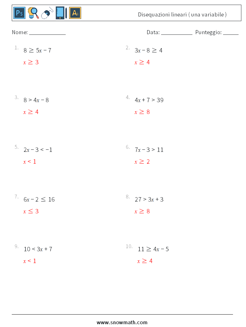 Disequazioni lineari ( una variabile ) Fogli di lavoro di matematica 7 Domanda, Risposta