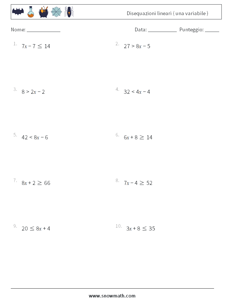 Disequazioni lineari ( una variabile ) Fogli di lavoro di matematica 9