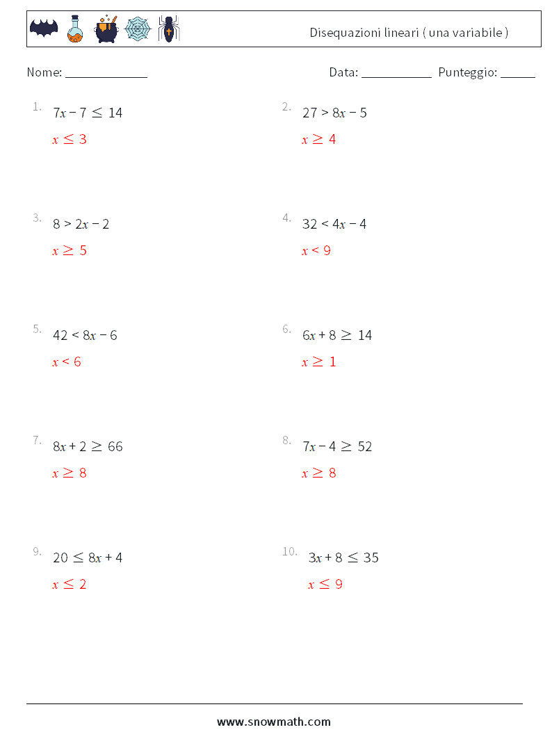 Disequazioni lineari ( una variabile ) Fogli di lavoro di matematica 9 Domanda, Risposta