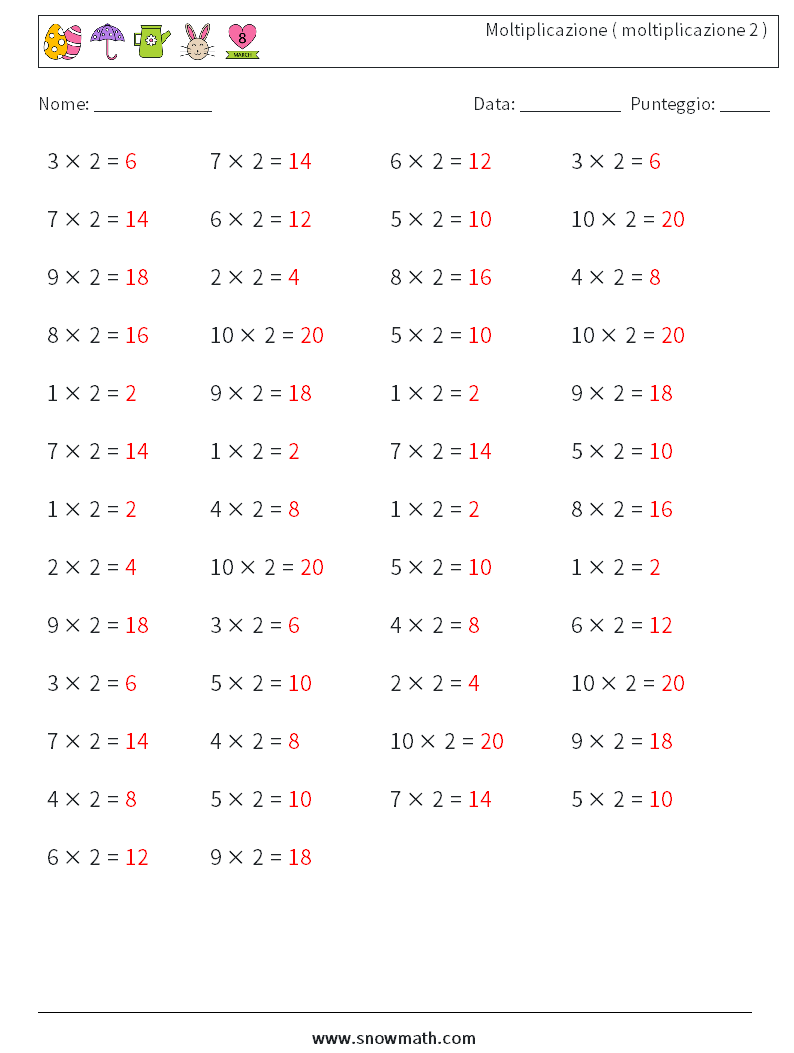 (50) Moltiplicazione ( moltiplicazione 2 ) Fogli di lavoro di matematica 1 Domanda, Risposta