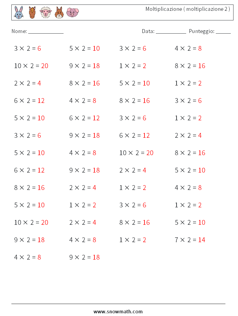 (50) Moltiplicazione ( moltiplicazione 2 ) Fogli di lavoro di matematica 3 Domanda, Risposta