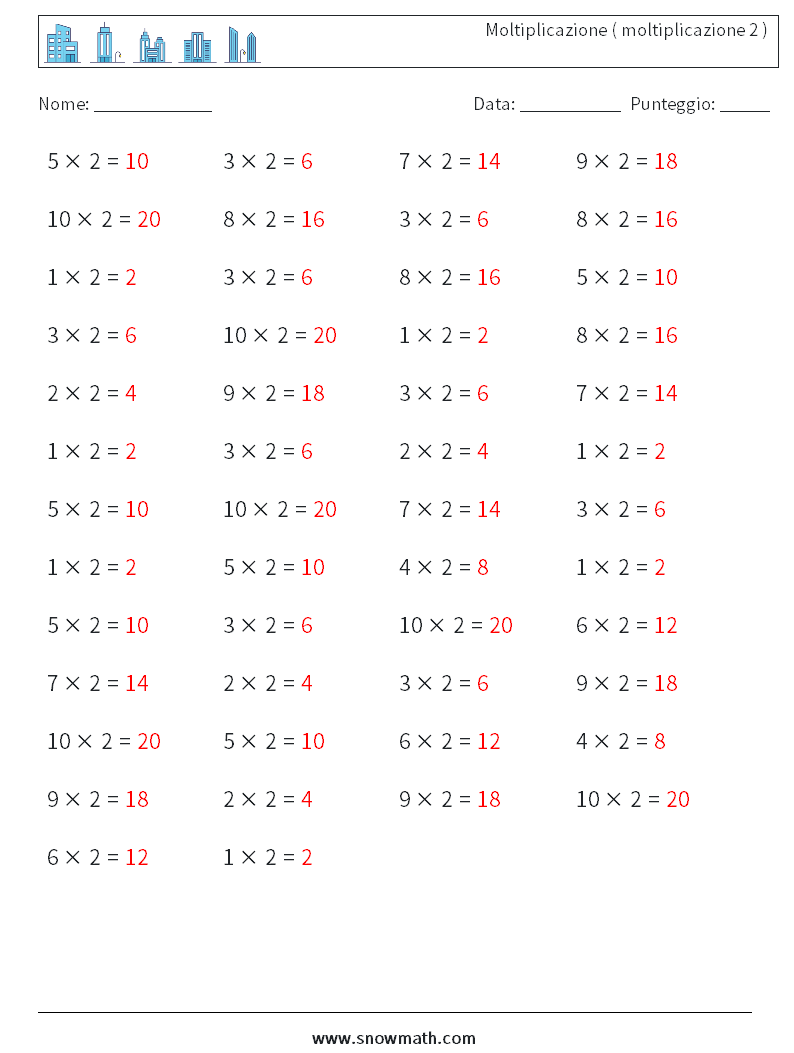 (50) Moltiplicazione ( moltiplicazione 2 ) Fogli di lavoro di matematica 8 Domanda, Risposta