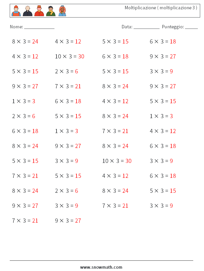 (50) Moltiplicazione ( moltiplicazione 3 ) Fogli di lavoro di matematica 1 Domanda, Risposta