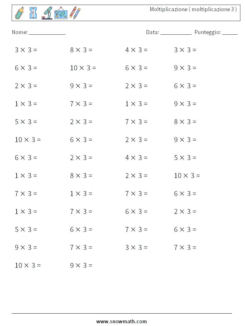 (50) Moltiplicazione ( moltiplicazione 3 ) Fogli di lavoro di matematica 3