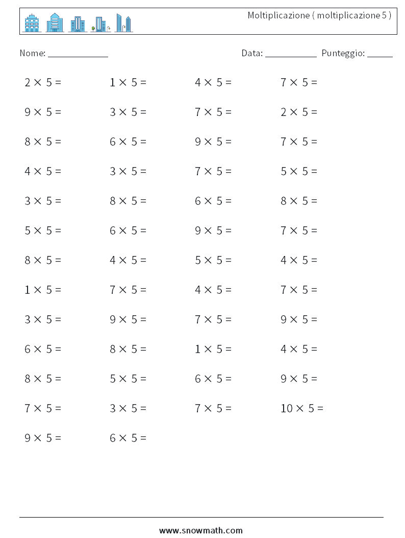 (50) Moltiplicazione ( moltiplicazione 5 ) Fogli di lavoro di matematica 2