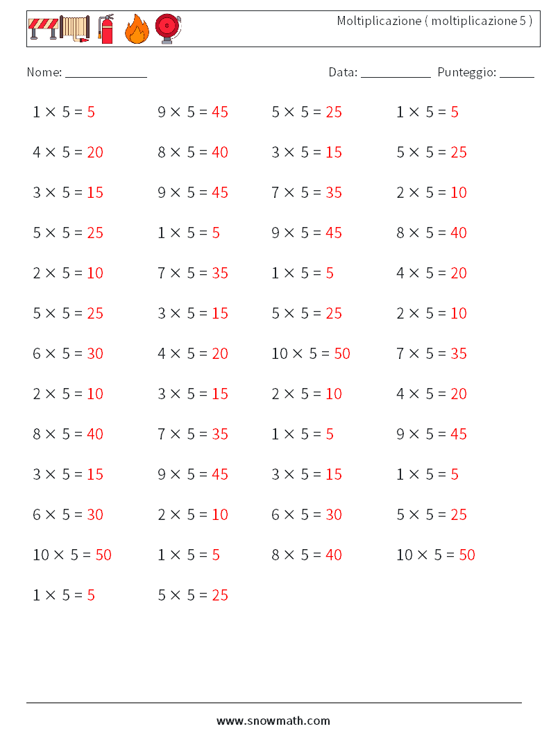 (50) Moltiplicazione ( moltiplicazione 5 ) Fogli di lavoro di matematica 4 Domanda, Risposta