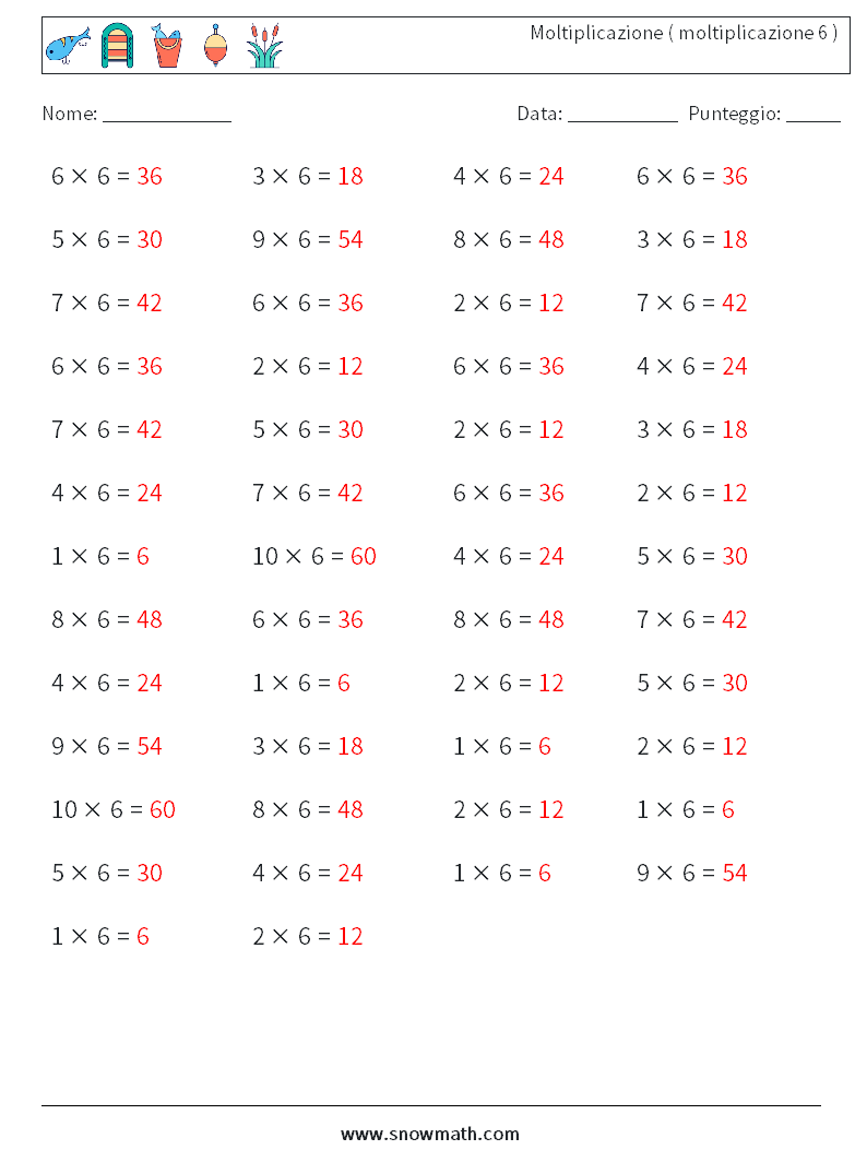 (50) Moltiplicazione ( moltiplicazione 6 ) Fogli di lavoro di matematica 1 Domanda, Risposta