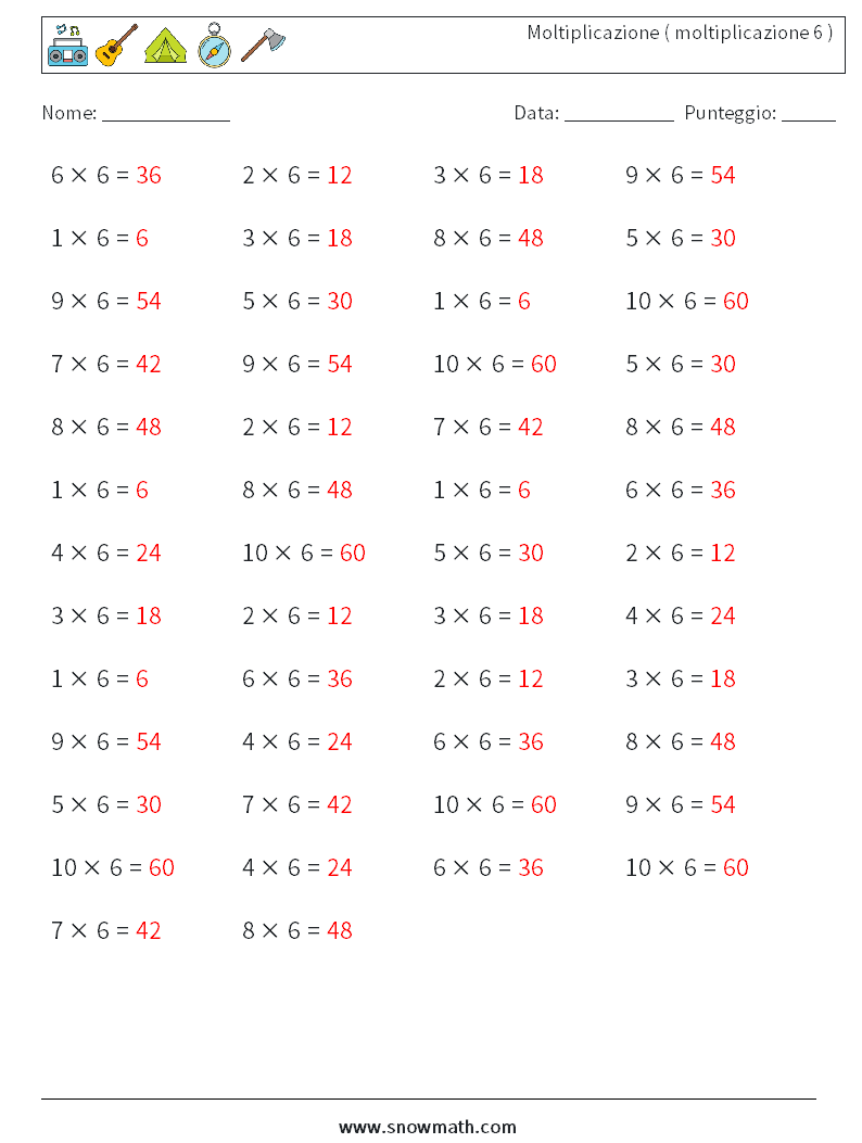 (50) Moltiplicazione ( moltiplicazione 6 ) Fogli di lavoro di matematica 2 Domanda, Risposta