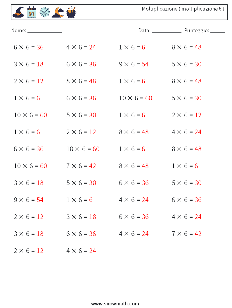 (50) Moltiplicazione ( moltiplicazione 6 ) Fogli di lavoro di matematica 4 Domanda, Risposta