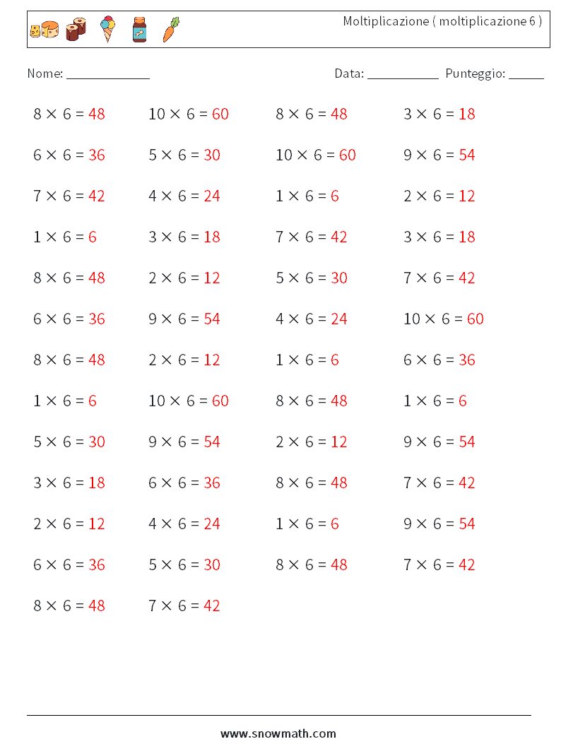 (50) Moltiplicazione ( moltiplicazione 6 ) Fogli di lavoro di matematica 5 Domanda, Risposta