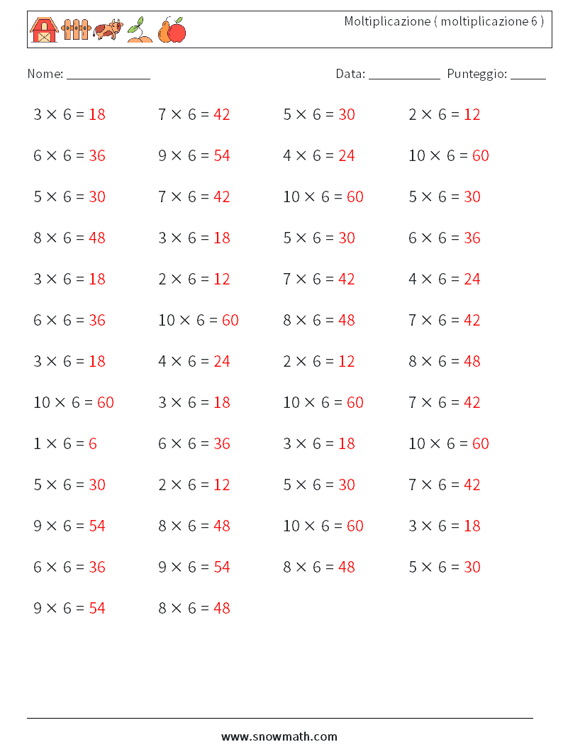 (50) Moltiplicazione ( moltiplicazione 6 ) Fogli di lavoro di matematica 8 Domanda, Risposta