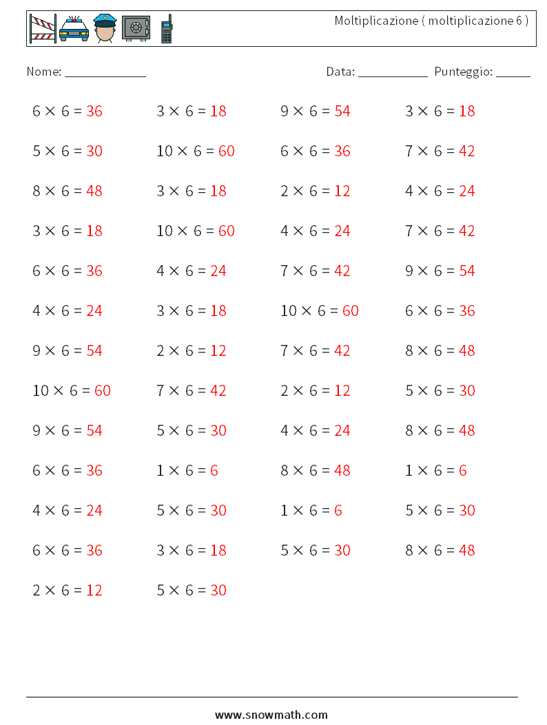 (50) Moltiplicazione ( moltiplicazione 6 ) Fogli di lavoro di matematica 9 Domanda, Risposta