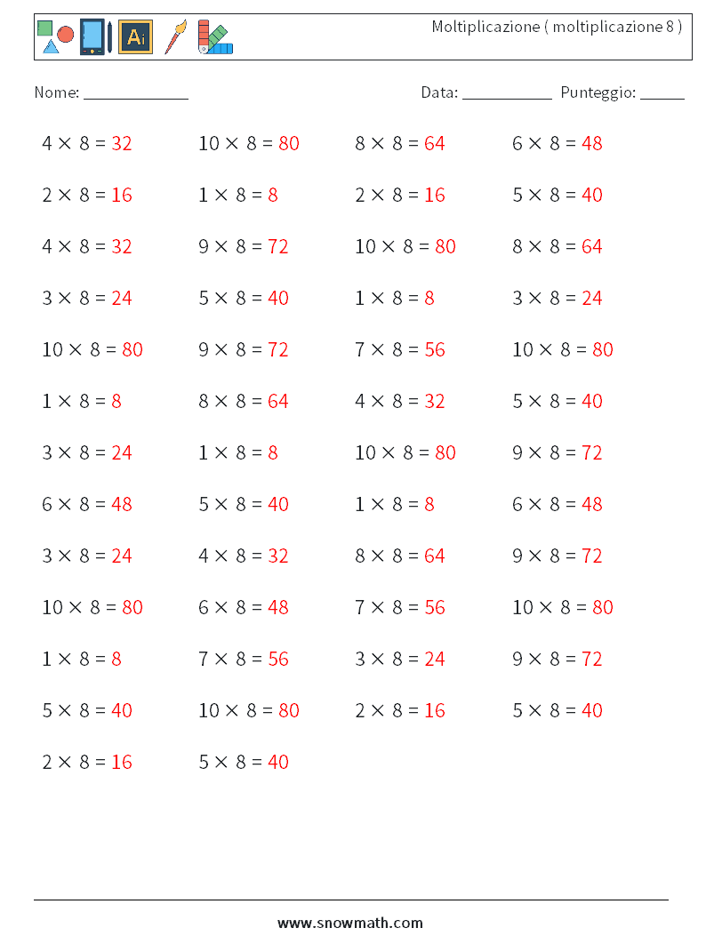 (50) Moltiplicazione ( moltiplicazione 8 ) Fogli di lavoro di matematica 1 Domanda, Risposta