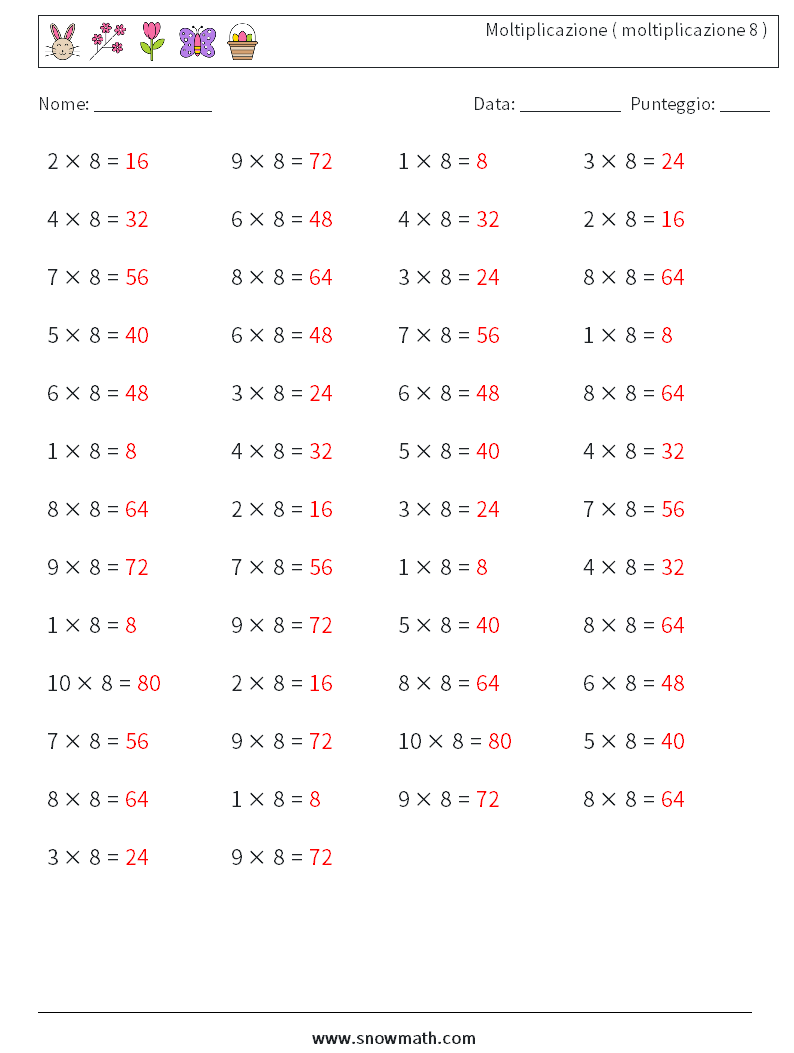 (50) Moltiplicazione ( moltiplicazione 8 ) Fogli di lavoro di matematica 2 Domanda, Risposta