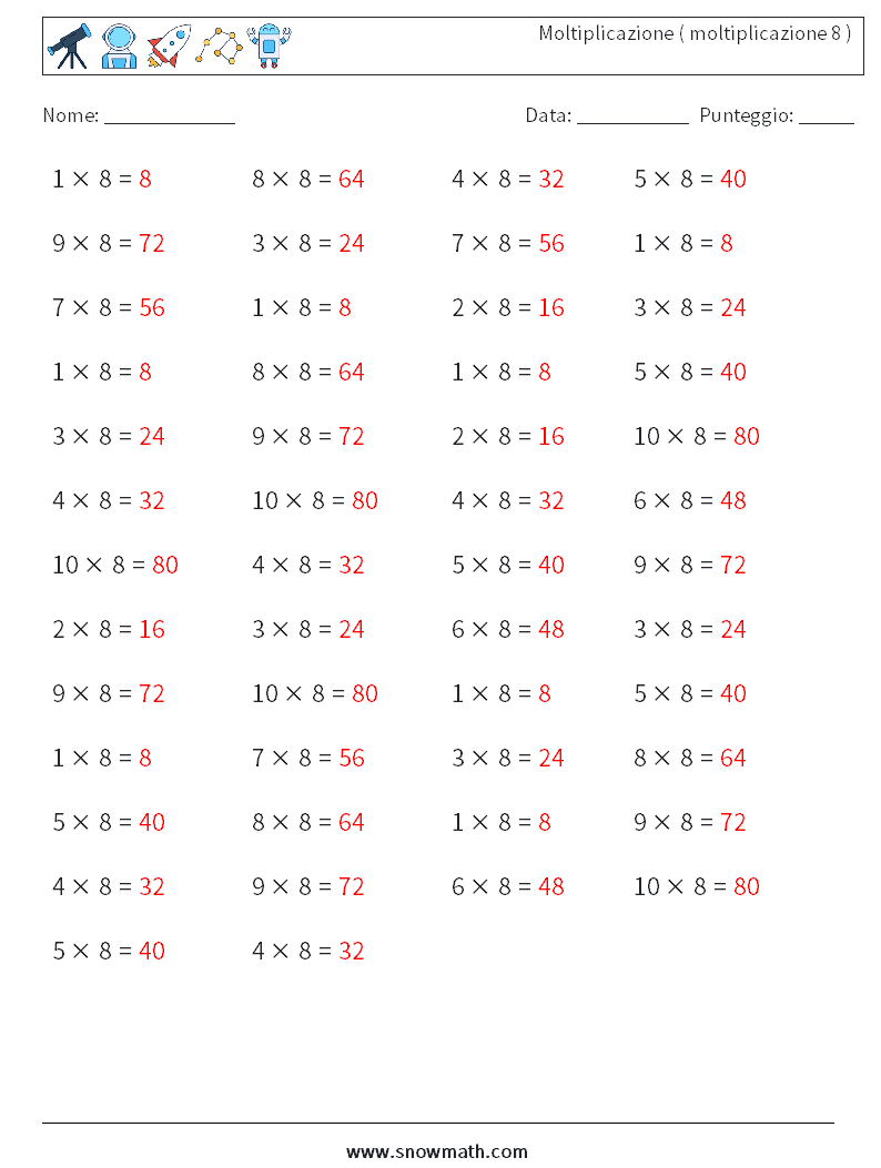 (50) Moltiplicazione ( moltiplicazione 8 ) Fogli di lavoro di matematica 3 Domanda, Risposta