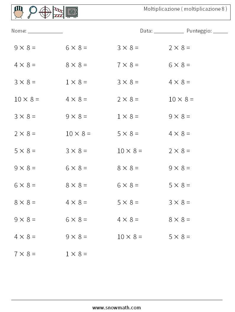 (50) Moltiplicazione ( moltiplicazione 8 ) Fogli di lavoro di matematica 4