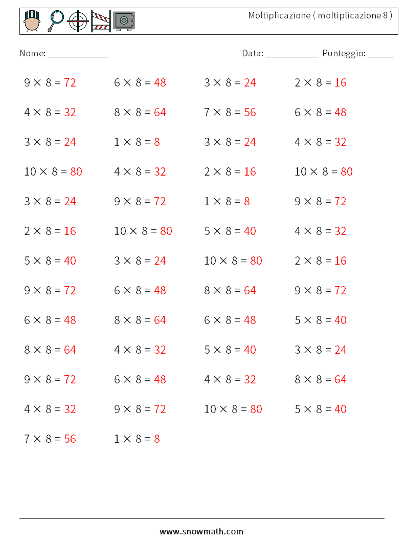 (50) Moltiplicazione ( moltiplicazione 8 ) Fogli di lavoro di matematica 4 Domanda, Risposta