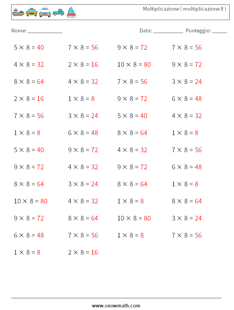(50) Moltiplicazione ( moltiplicazione 8 ) Fogli di lavoro di matematica 5 Domanda, Risposta