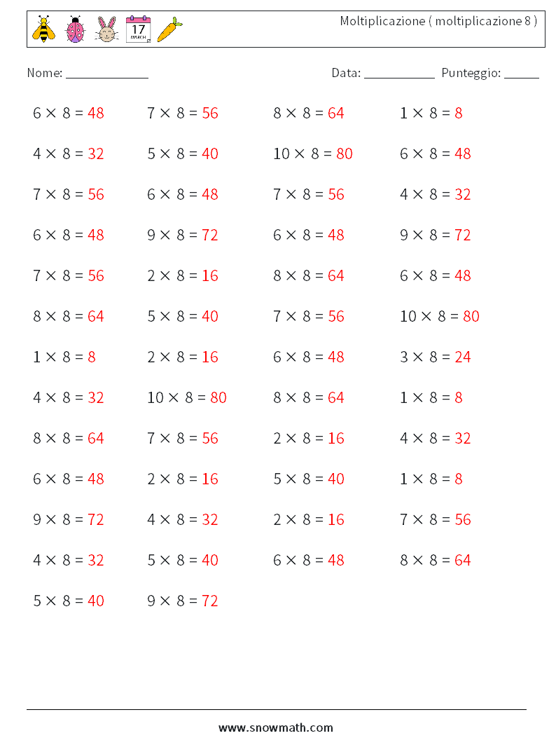 (50) Moltiplicazione ( moltiplicazione 8 ) Fogli di lavoro di matematica 6 Domanda, Risposta