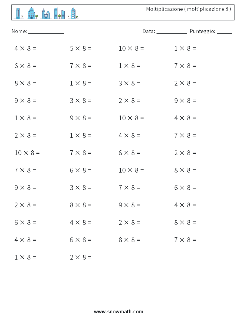 (50) Moltiplicazione ( moltiplicazione 8 ) Fogli di lavoro di matematica 7